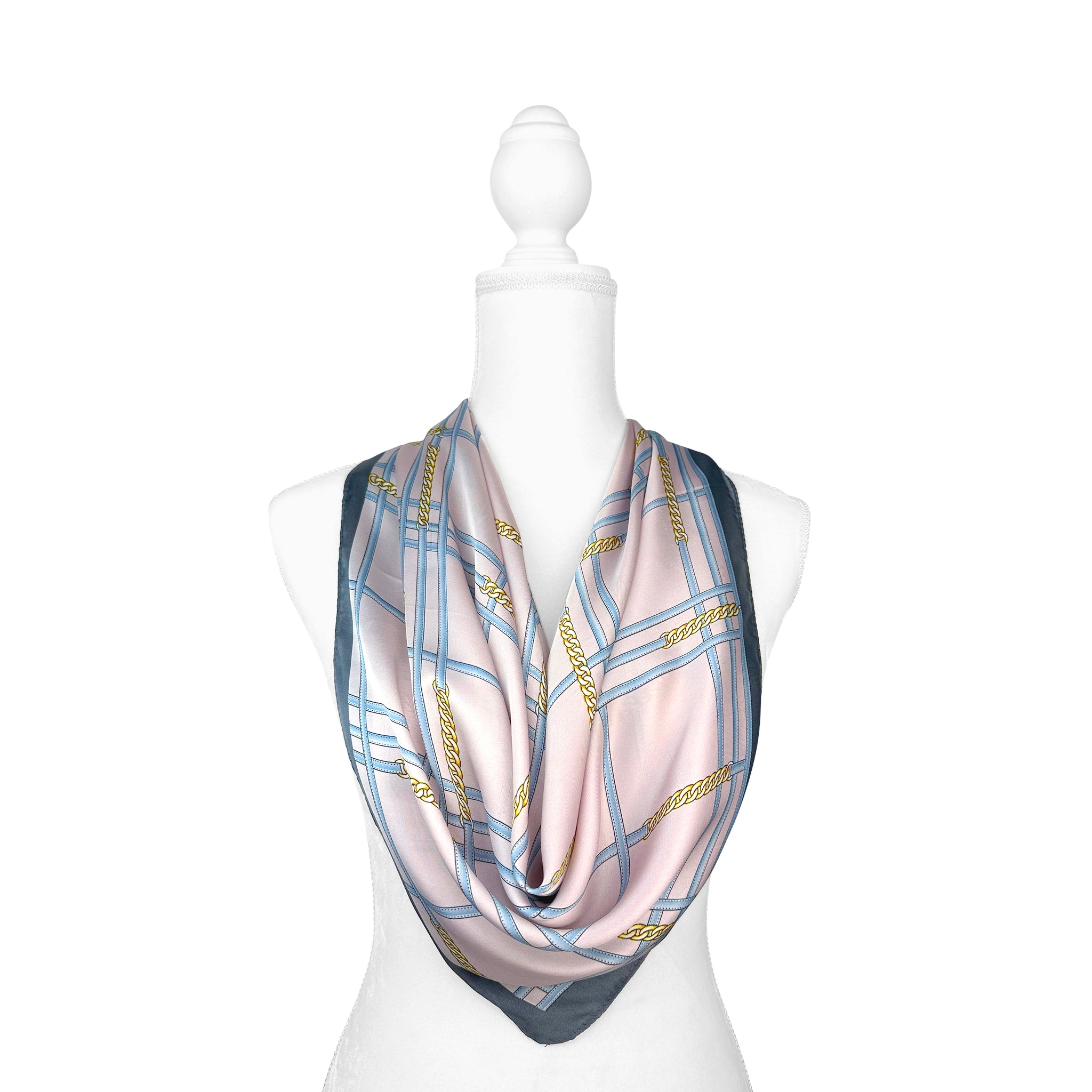 ScarfHaus 'Lauren' Silk-Feel Scarf | Checks & Chains Print | Pink with Gray Border | 27 / 70cm Pink